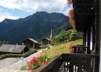 Balcon fleuri de l'hôtel de Torgon avec vue sur les montagnes